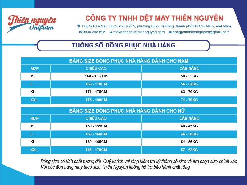 Bảng size đồng phục nhà hàng