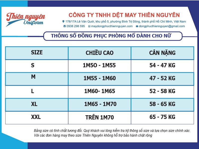 Bảng size đồng phục phòng mổ dành cho nữ