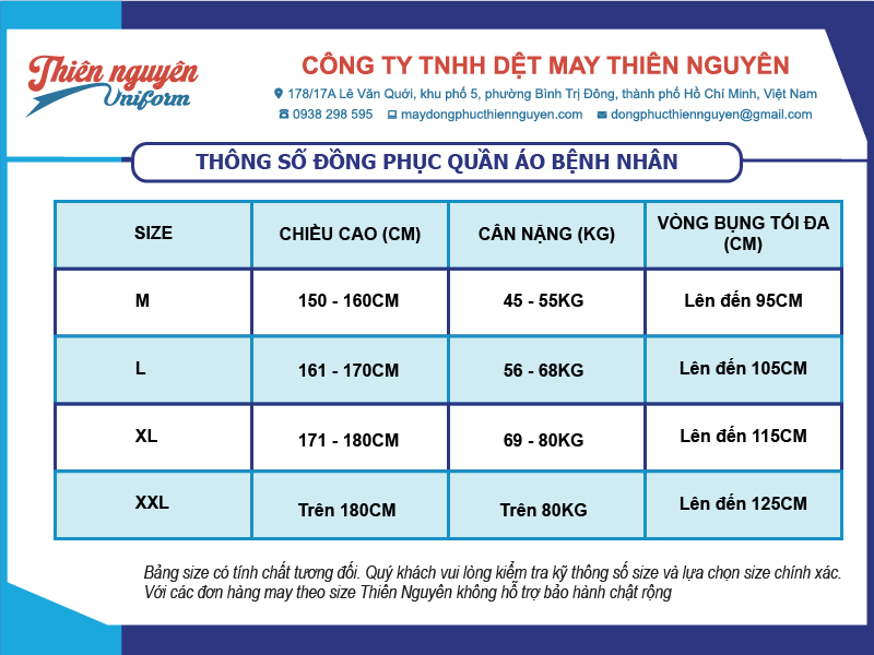 Bảng size đồng phục quần áo bệnh nhân