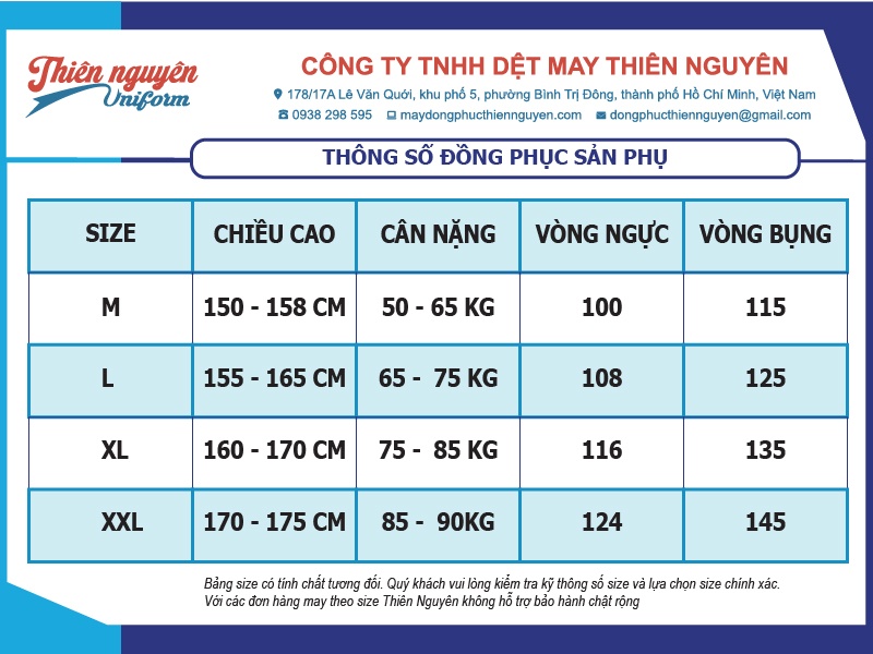 Bảng size đồng phục sản phụ