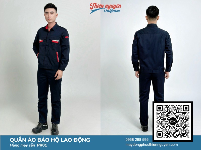 Bộ quần áo bảo hộ lao động tông màu xanh đen chủ đạo phối với các chi tiết màu đỏ - trắng khéo léo