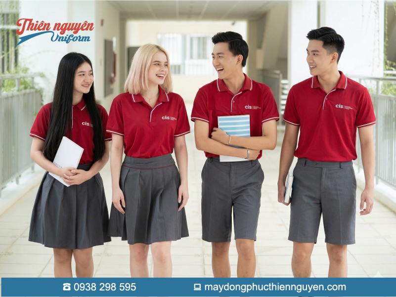 Đồng phục học sinh cấp 2 trường quốc tế Canada với gam màu xám đỏ tươi trẻ năng động 