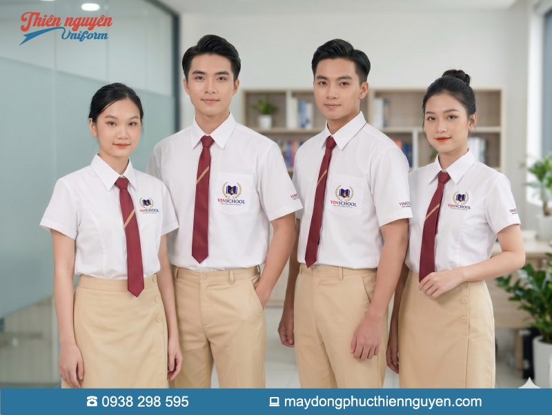 Đồng phục học sinh cấp 2 trường quốc tế Vinschool áo sơ mi trắng phối với cà vạt đỏ sọc vàng tạo điểm nhấn cho trang phục