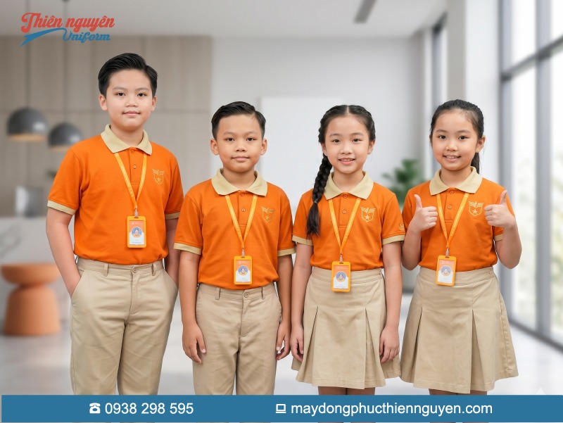 Đồng phục học sinh tiểu học Trường quốc tế Nam Mỹ UTS  với gam màu cam, be năng động hiện đại