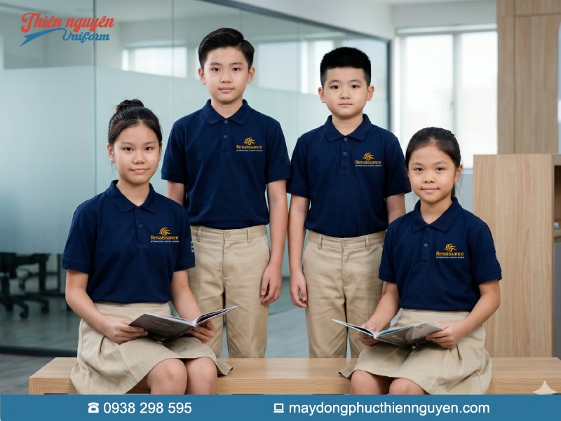 Đồng phục học sinh lớp tiểu học Trường quốc tế Renaissance với gam màu xanh navy và màu be tạo sự chỉnh chu thanh lịch