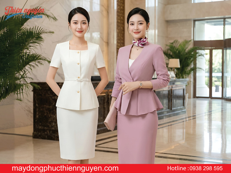 Mẫu đồng phục lễ tân màu trắng hồng - Thiên Nguyên Uniform 