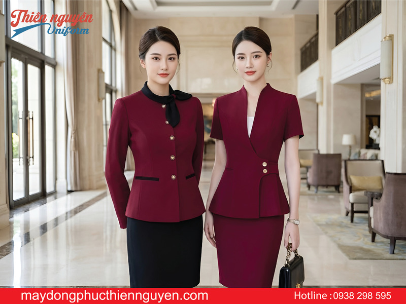 Mẫu đồng phục nhân viên lễ tân màu đỏ - Thiên Nguyên Uniform
