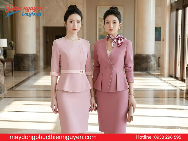 Mẫu đồng phục nhân viên lễ tân màu hồng đẹp - Thiên Nguyên Uniform 