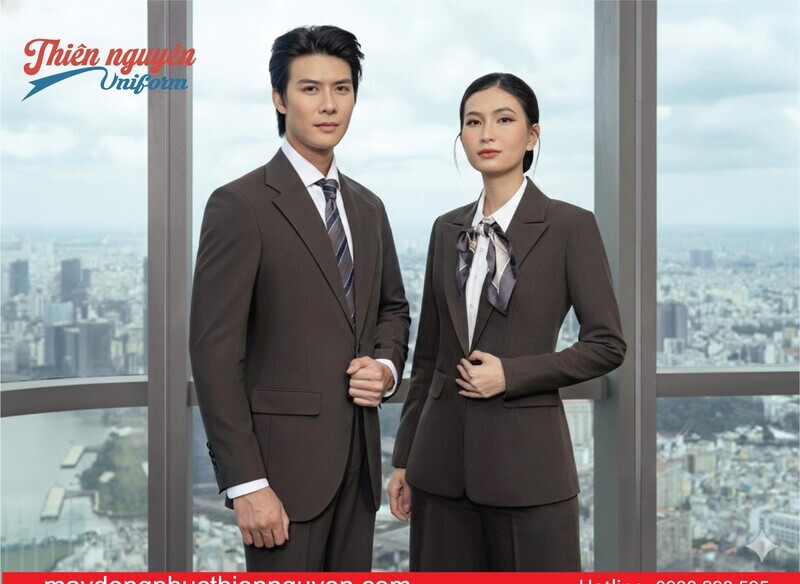 mẫu đồng phục lễ tân nam nữ màu xám chuyên nghiệp sang trọng - Thiên Nguyên uniform