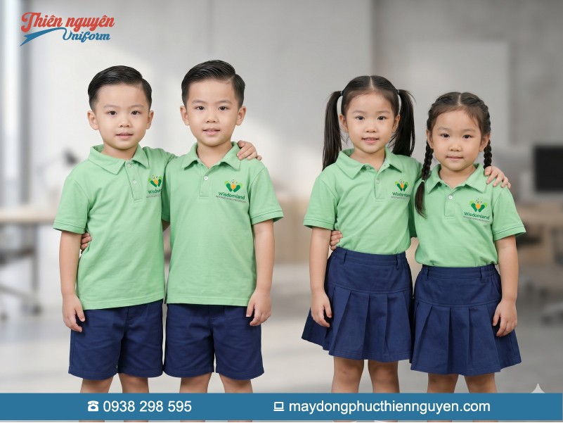  Bộ đồng phục học sinh mầm non trường quốc tế Wisdomland mang vẻ đẹp vô cùng tươi mát với tông màu xanh lá mạ (light green) chủ đạo cho phần áo