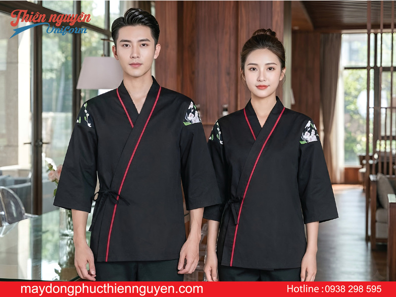 Đồng phục phục vụ nhà hàng Nhật màu đen in họa tiểt - Thiên Nguyên Uniform