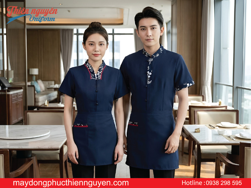 Áo Đồng Phục Nhân Viên Nhà Hàng Nhật màu xanh phối họa tiết