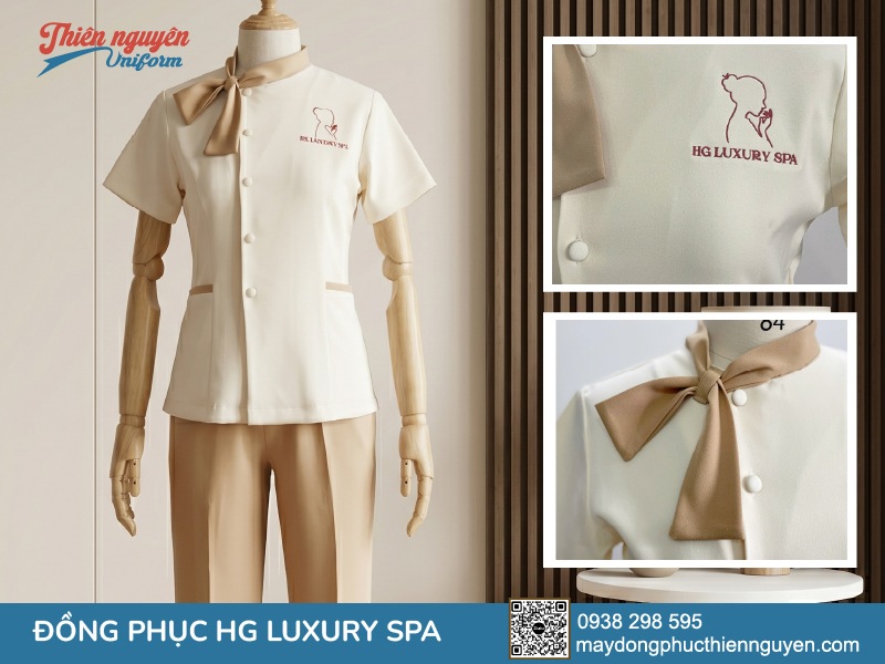 Đồng phục Hoàng Gia Luxury Spa dành cho nhân viên, logo được in thêu nổi bật sắc nét