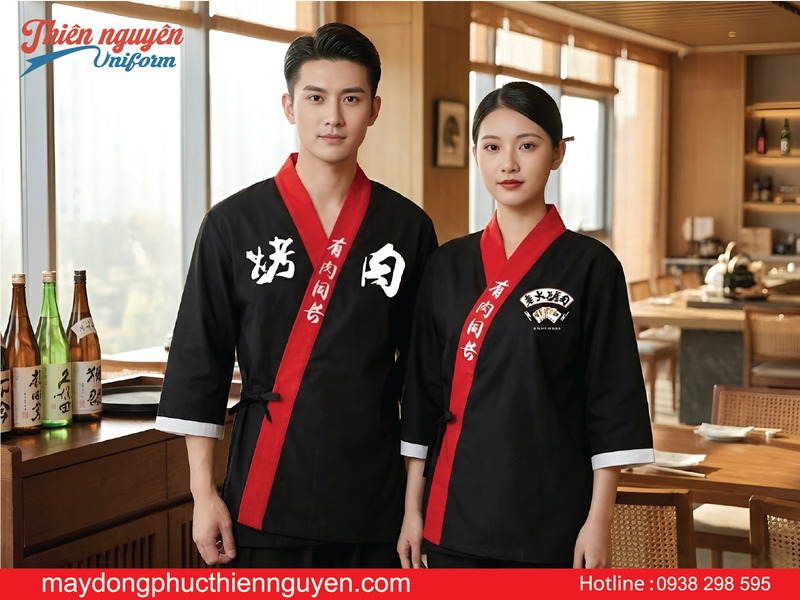 Mẫu áo đồng phục nhân viên nhà hàng Nhật màu đen phối nẹp đỏ