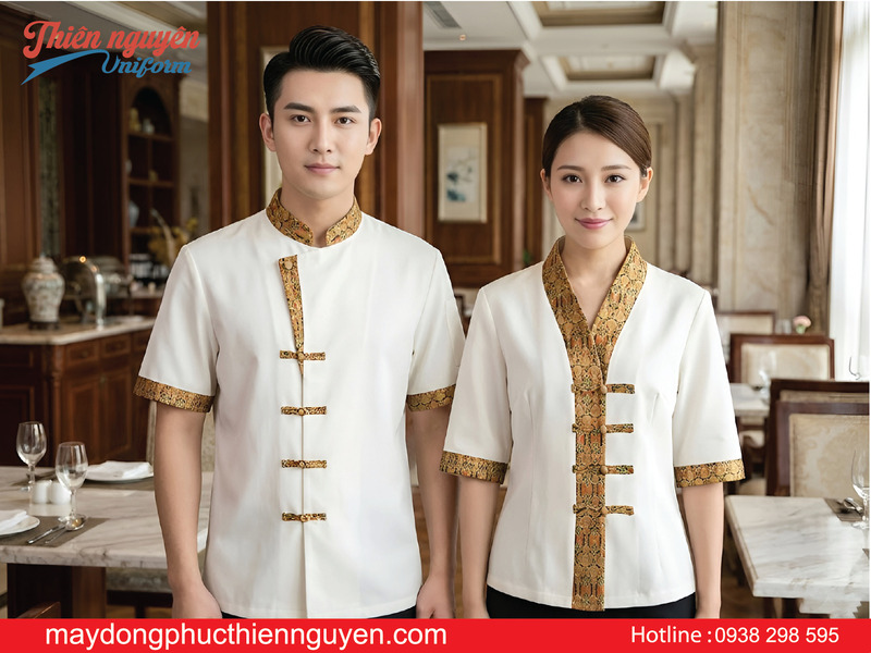 Mẫu đồng phục nhà hàng Thái Lan màu trắng phối họa tiết đẹp