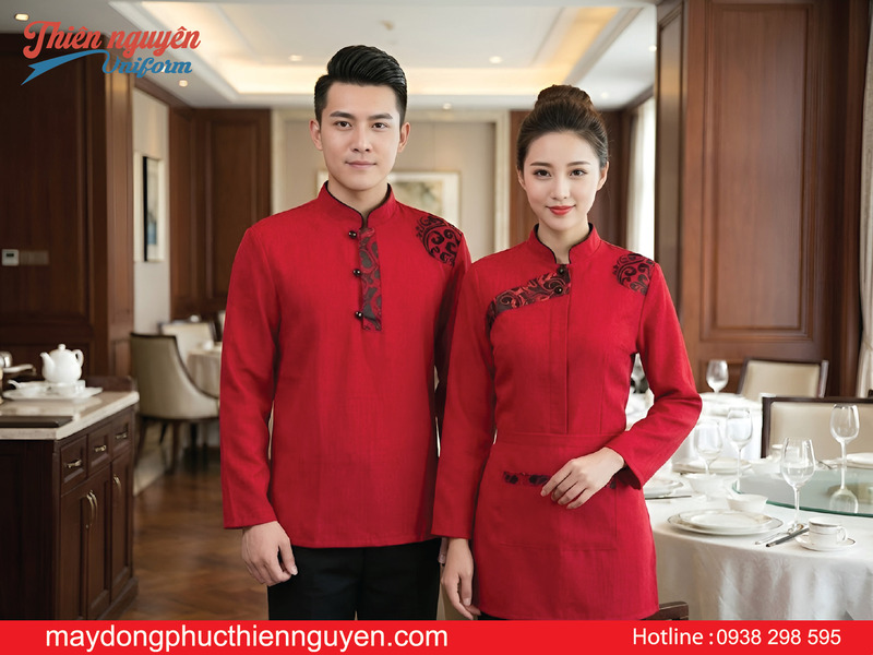 Mẫu đồng phục nhân viên nhà hàng Trung Quốc màu đỏ phối họa tiết