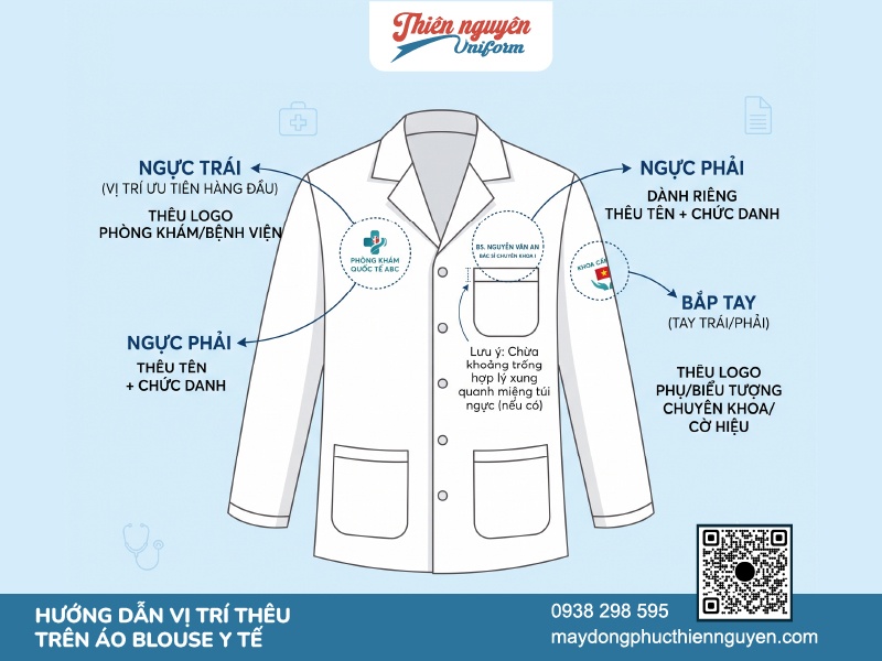 Hướng dẫn vị trí thêu lên đồng phục áo blouse