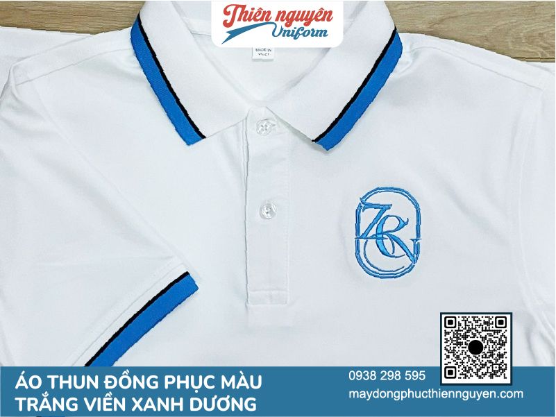 Thiết kế áo thun đồng phục màu trắng viền xanh dương