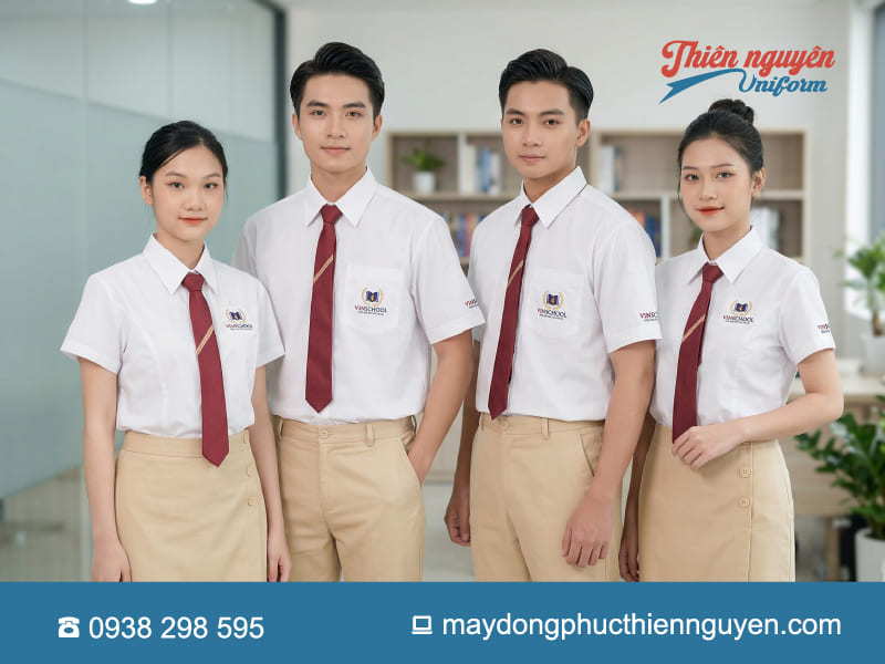 mẫu áo đồng phục học sinh cấp 2 màu trắng có cavat đỏ