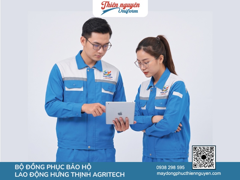 Bộ quần áo bảo hộ lao động Hưng Thịnh Agritech mùa xanh dương phối với xám