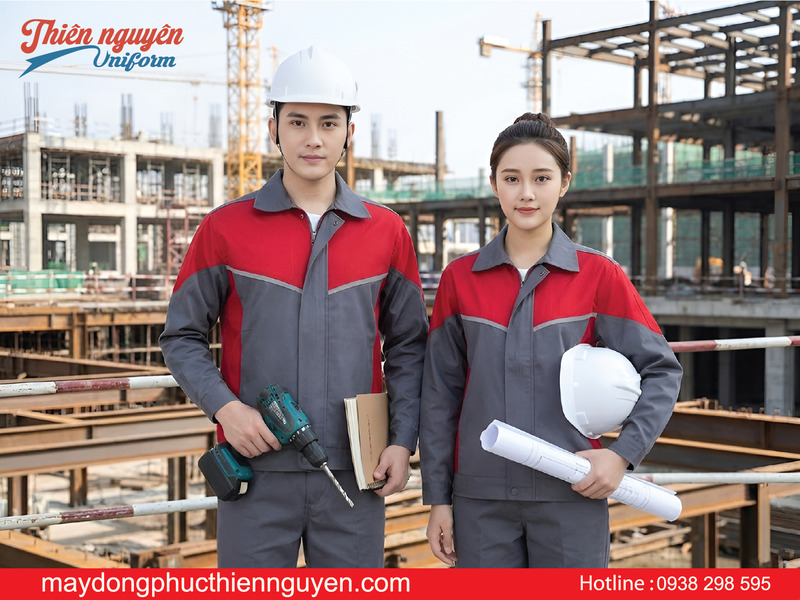 mẫu đồng phục bảo hộ lao động màu xám phối đỏ đẹp cho nam nữ 