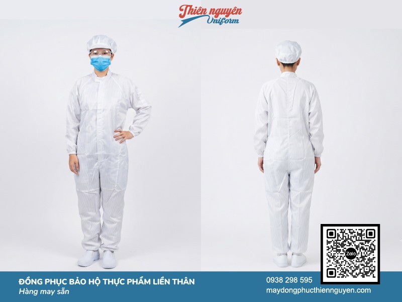 Mẫu quần áo liền thân bảo hộ lao động màu trắng với thiết kế bo chun phần tay và quần