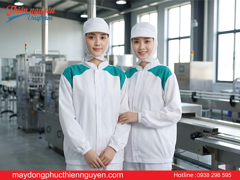 Mẫu thiết kế đồng phục công nhân thực phẩm trắng phối xanh cho nữ