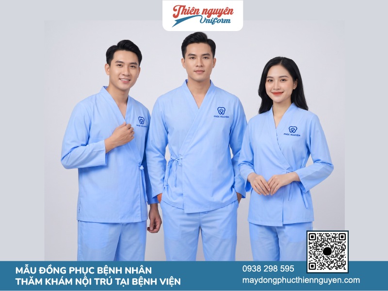 Mẫu đồng phục bệnh nhân thăm khám kiểu vạt chéo màu xanh dương