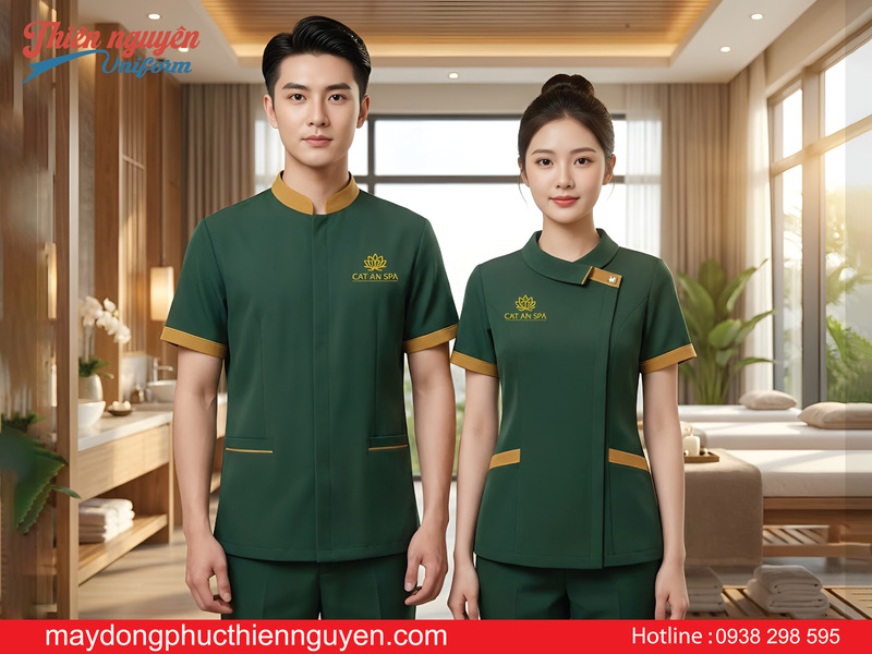 mẫu đồng phục kỹ thuật viên spa màu xanh có logo 