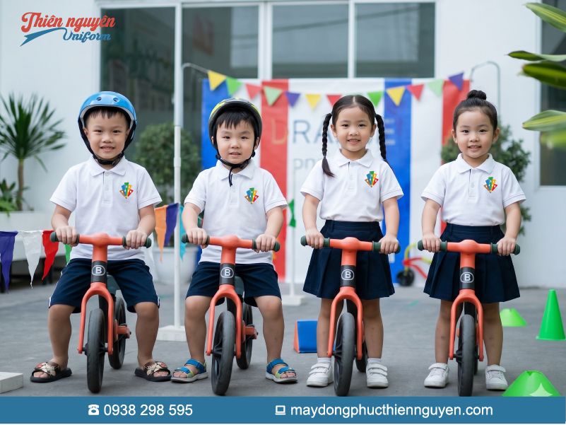  Bộ đồng phục cho trẻ mầm non Trường Kindy City sử dụng tông màu trắng tinh khôi làm chủ đạo cho áo polo kết hợp với quần và váy xanh đậm