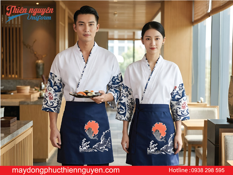 mẫu đồng phục nhà hàng Nhật Bản màu trắng phối họa tiết sóng biển