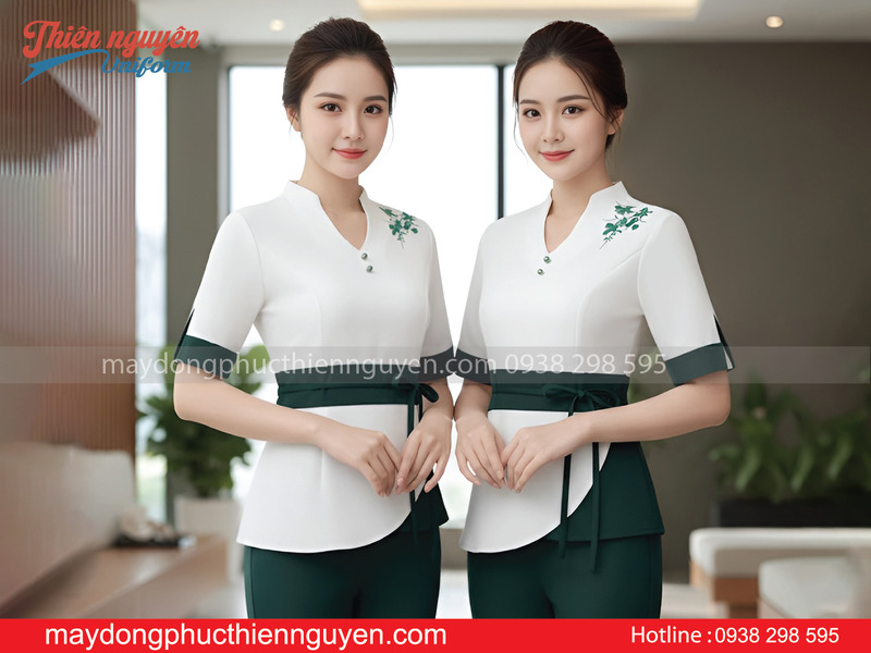 Mẫu đồng phục nhân viên spa màu xanh tại Tây Ninh - Thiên Nguyên Uniform