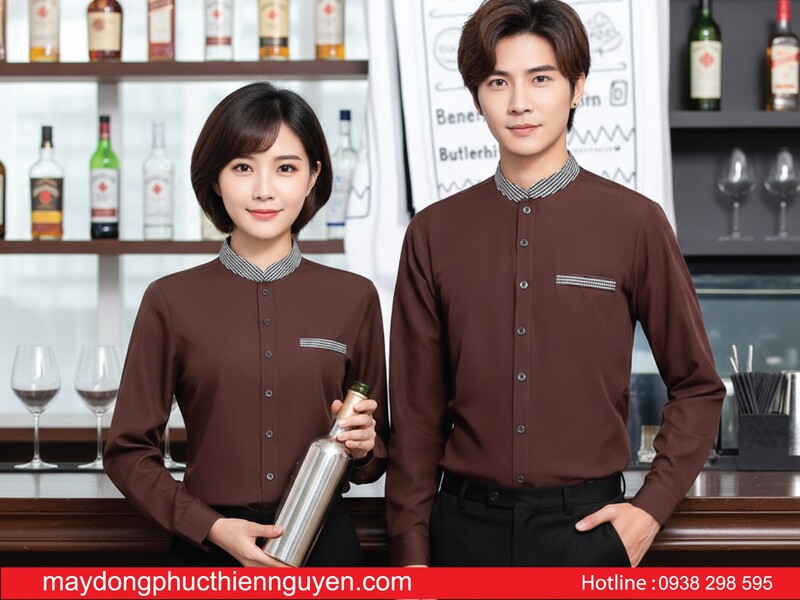 mẫu đồng phục pha chế bartender màu nâu phối họa tiết caro