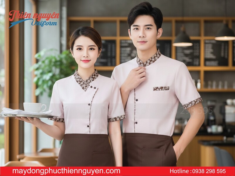mẫu đồng phục pha chế bartender cho nhân viên nam nữ có họa tiết ở cổ và tay