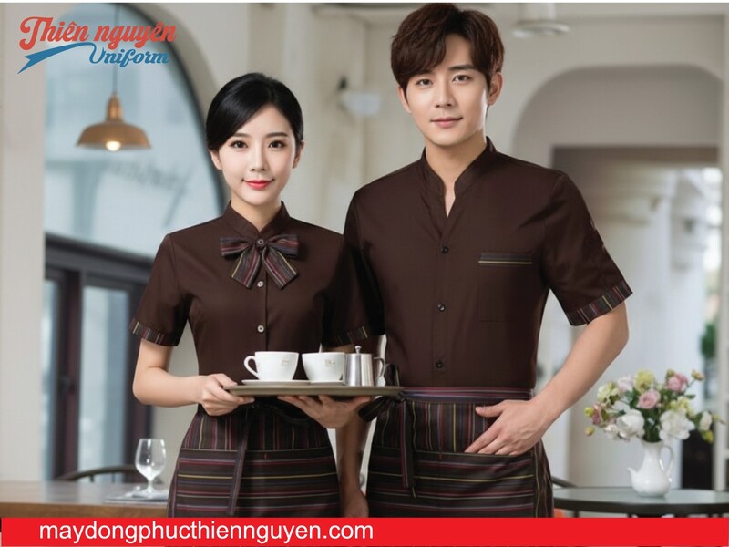 mẫu đồng phục pha chế bartender màu nâu có phối họa tiết sọc chìm