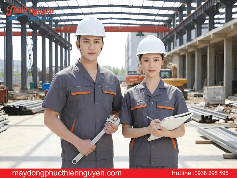 mẫu đồng phục sửa xe máy màu xám phối cam ngắn tay