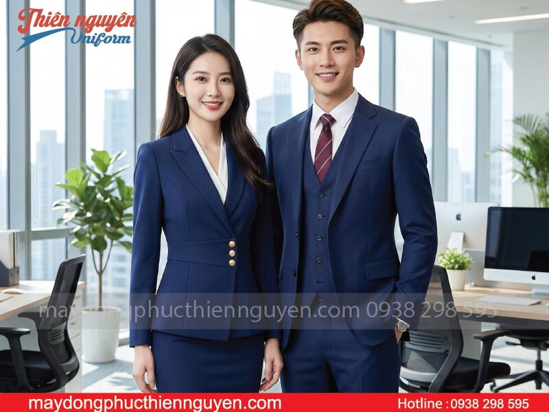 mẫu đồng phục vest nhân viên lễ tân màu xanh đen phối caravat- Thiên Nguyên Uniform