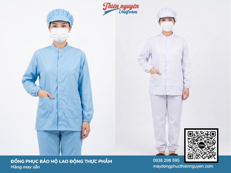 Mẫu quần áo bảo hộ ngành thực phẩm màu xanh dương và trắng