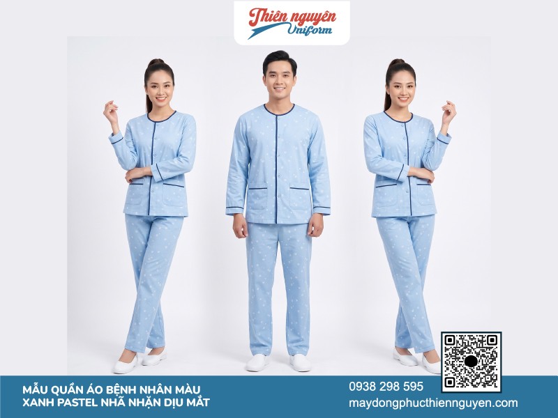 Đồng phục thiết kế áo cổ tròn có nút cài cho bệnh nhân thăm khám tại bệnh viện