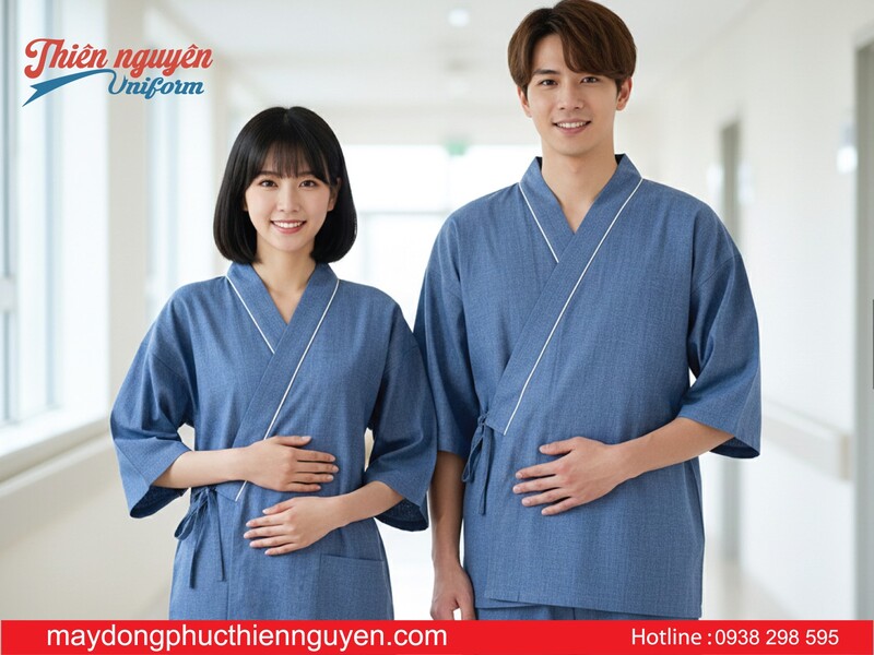 mẫu áo quần đồng phục bệnh nhận nam nữ màu xanh viền trắng