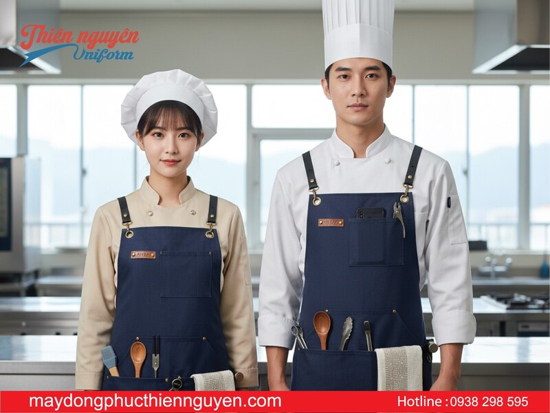 mẫu tạp dề đầu bếp màu xanh đen phối dây có khoen