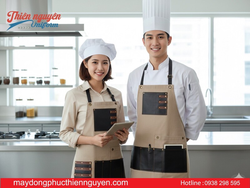 mẫu tạp dề đầu bếp màu kem phối da