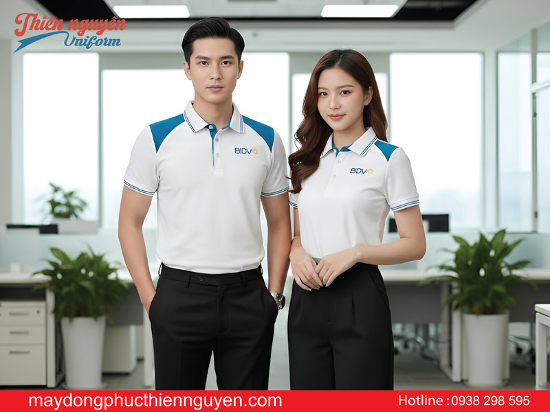 mẫu áo thun đồng phục văn phòng màu trắng phối vai màu xanh có in logo - Thiên Nguyên Uniform