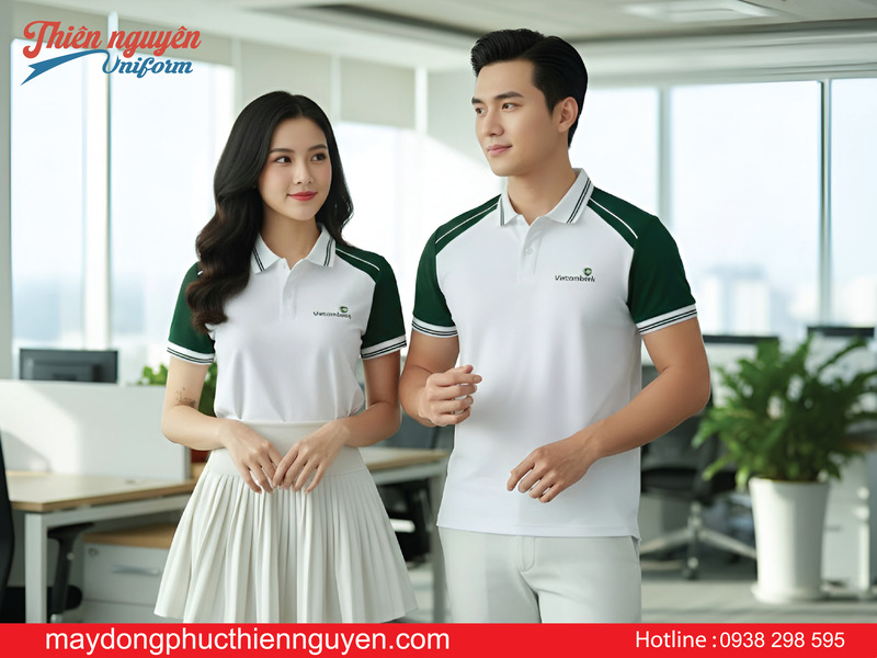 may áo thun đồng phục màu trắng phối xanh có in logo tại Thiên Nguyên Uniform