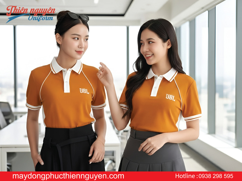 mẫu áo thun đồng phục công ty màu vàng phối bo cổ , tay màu trắng - Thiên Nguyên Uniform