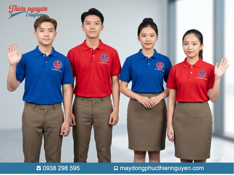 Đồng phục học sinh cấp 2 trường quốc tế TAS với hai phiên bản áo thun polo màu xanh dương (blue) trơn và màu đỏ (red) rực rỡ.