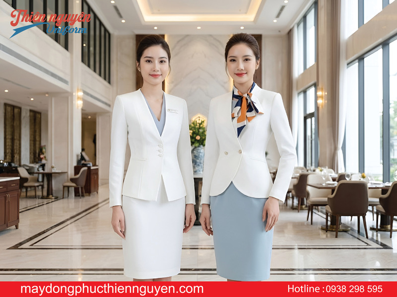 mẫu đồng phục lễ tân váy liền thân kết hợp vest trắng bên ngoài - Thiên Nguyên Uniform