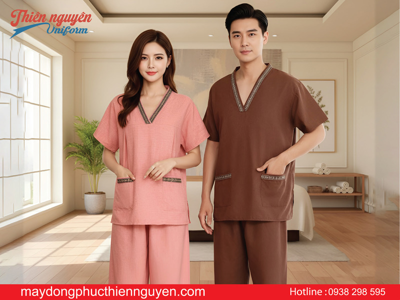mẫu đồng phục quần áo spa cho khách nam nữ tone màu trầm ấm -  Thiên Nguyên Uniform