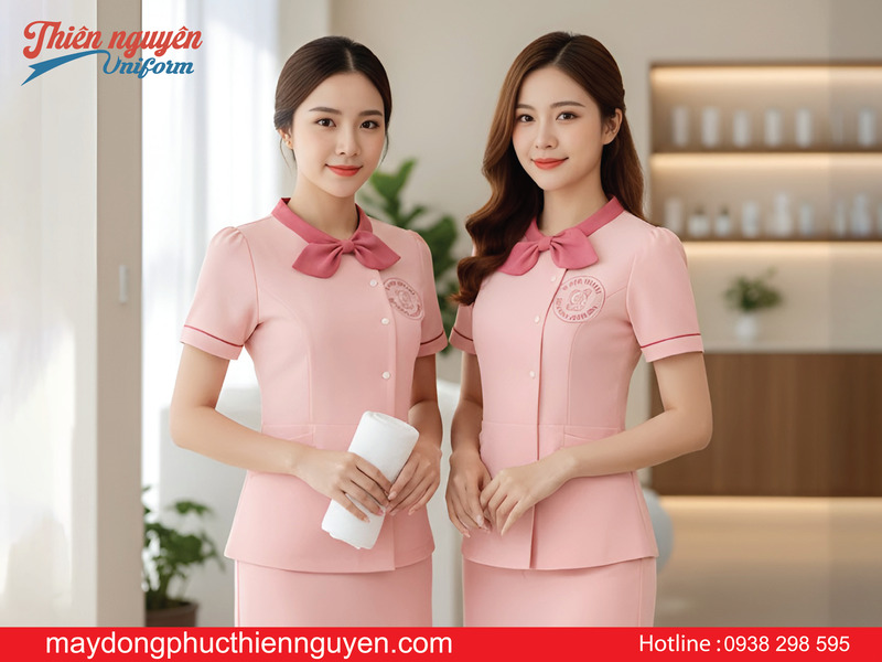 mẫu đồng phục spa màu hồng có nơ ở Biên Hòa - Thiên Nguyên Uniform