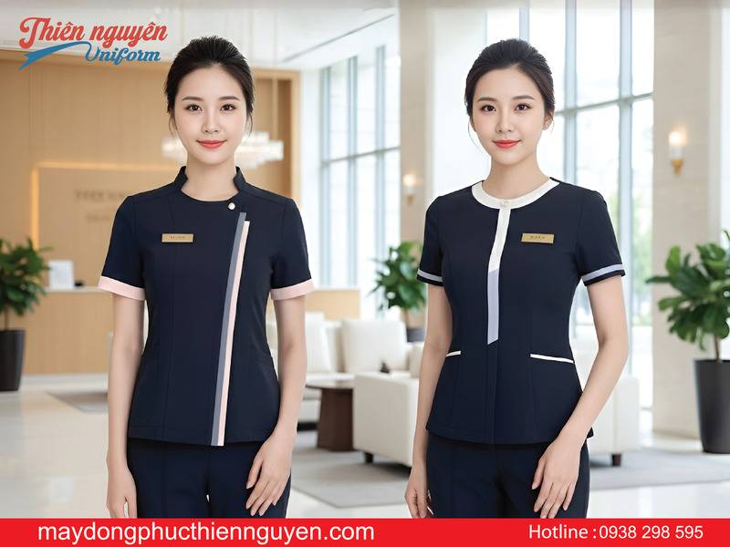 may đồng phục tiệm nail màu xanh đen - Thiên Nguyên Uniform